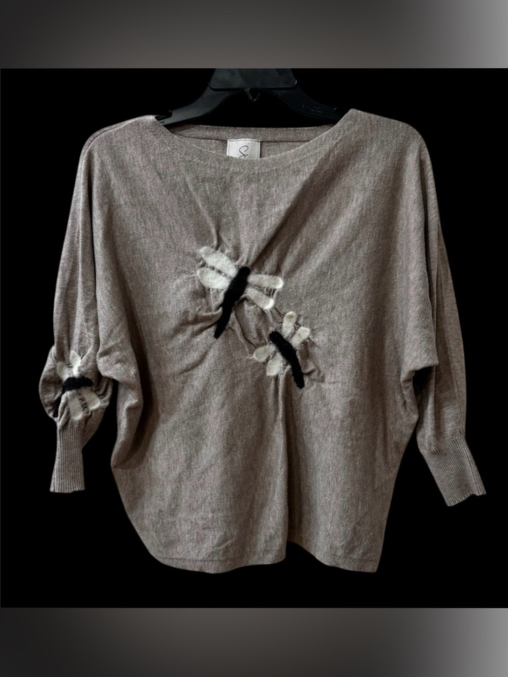 Beige Knit Sweater with Dragonfly Appliqués